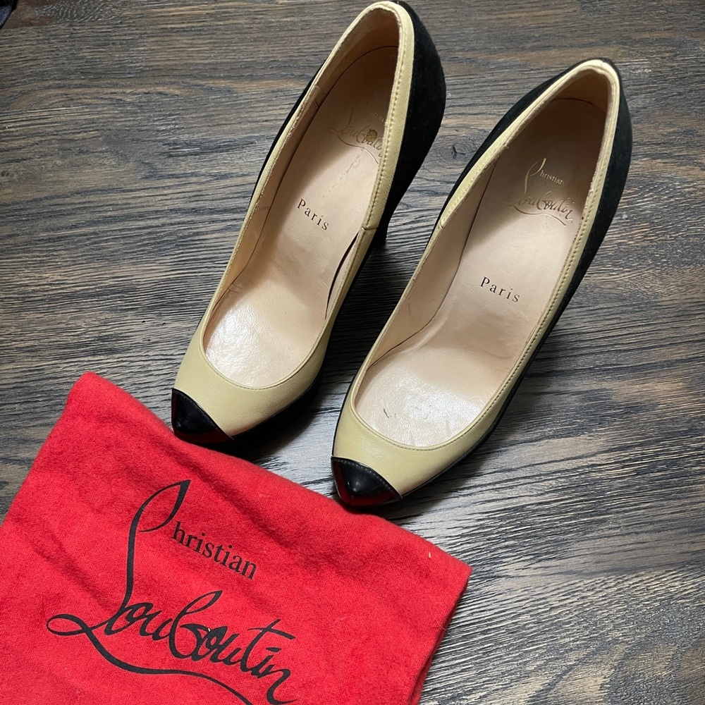 Christian Louboutin Black and Cream Suede Heels